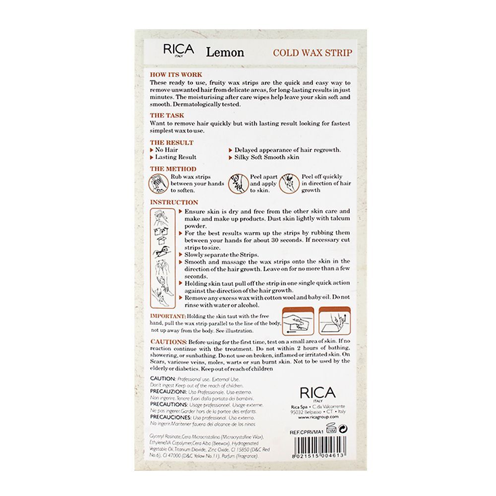 Rica Legs & Body Cold Wax Strip Lemon 20 Strips
