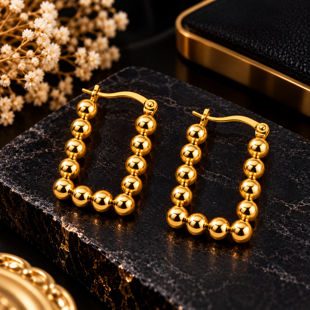 Gold-Tone Stainless Steel Beaded Square Hoop Earrings for Women