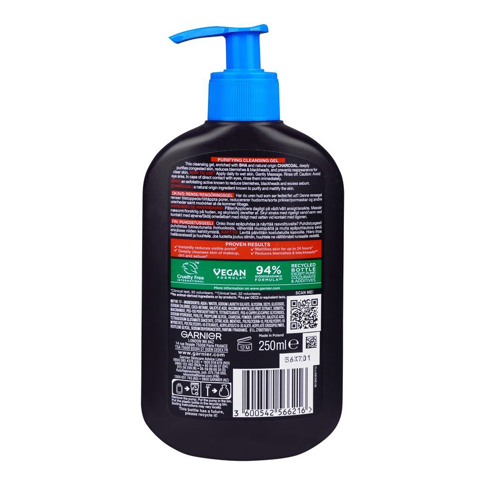 Garnier Skin Active BHA Salicylic Acid+Charcoal Anti-Blackhead Purifying Cleanser 250 ML