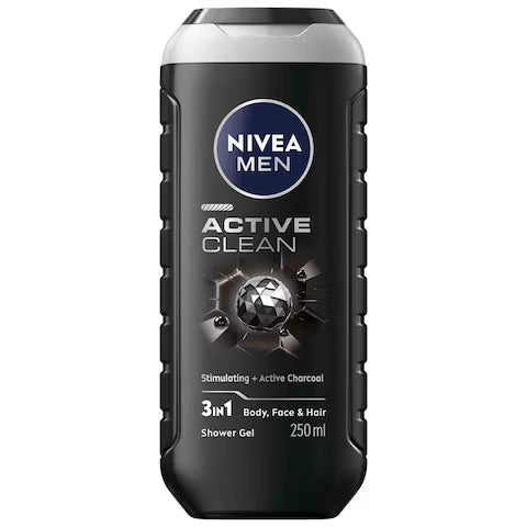 Nivea 3 in 1  Shower Gel Body Wash Active Clean Charcoal Woody Scent 250 ML