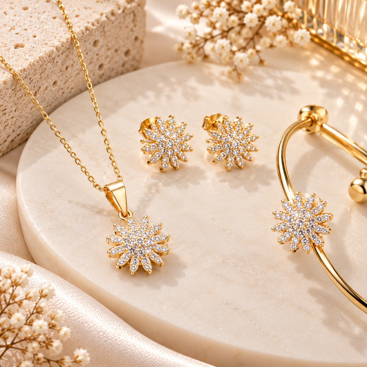 Gold-Tone Floral Crystal Jewelry Set for Women