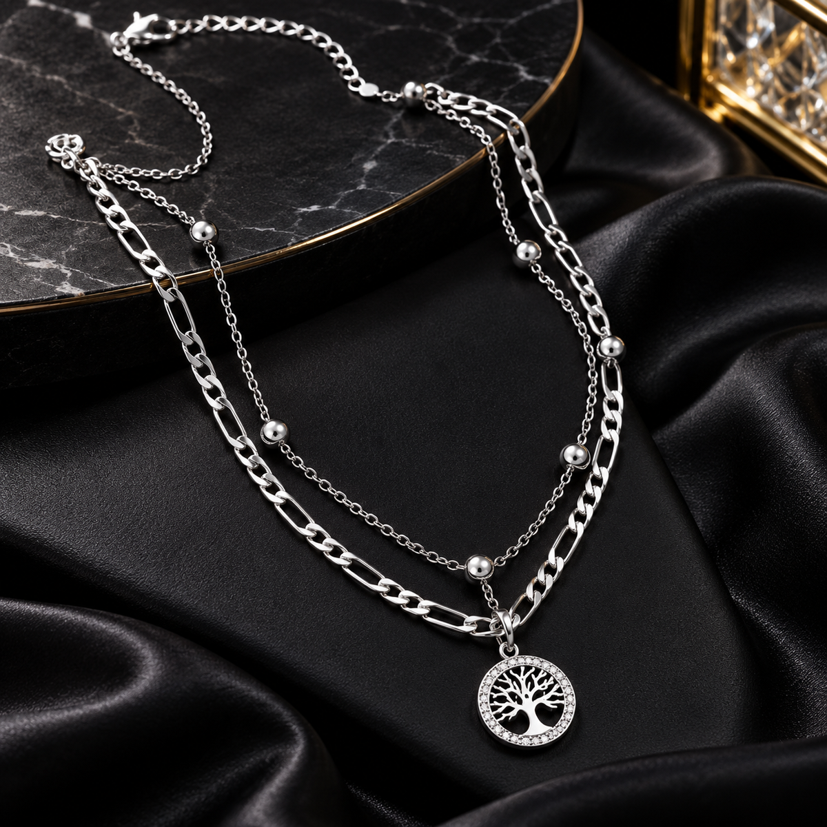 Silver-Tone Layered Tree of Life Necklace for Women