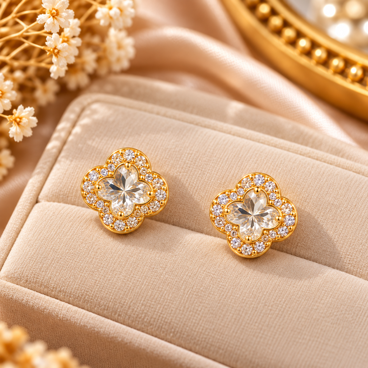 Crystal Clover Stud Earrings for Women