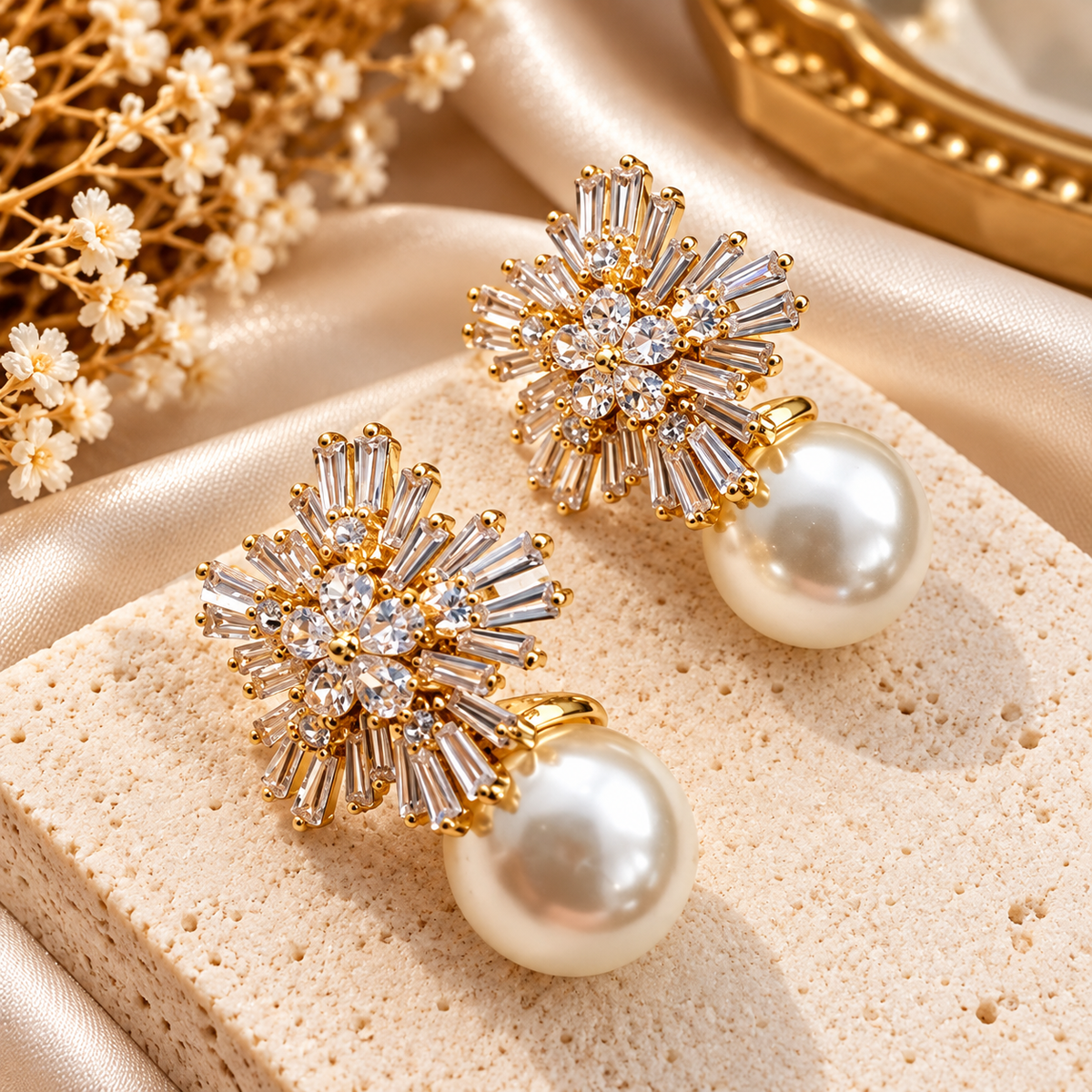 Gold-Tone Floral Crystal Pearl Drop Earrings for Women