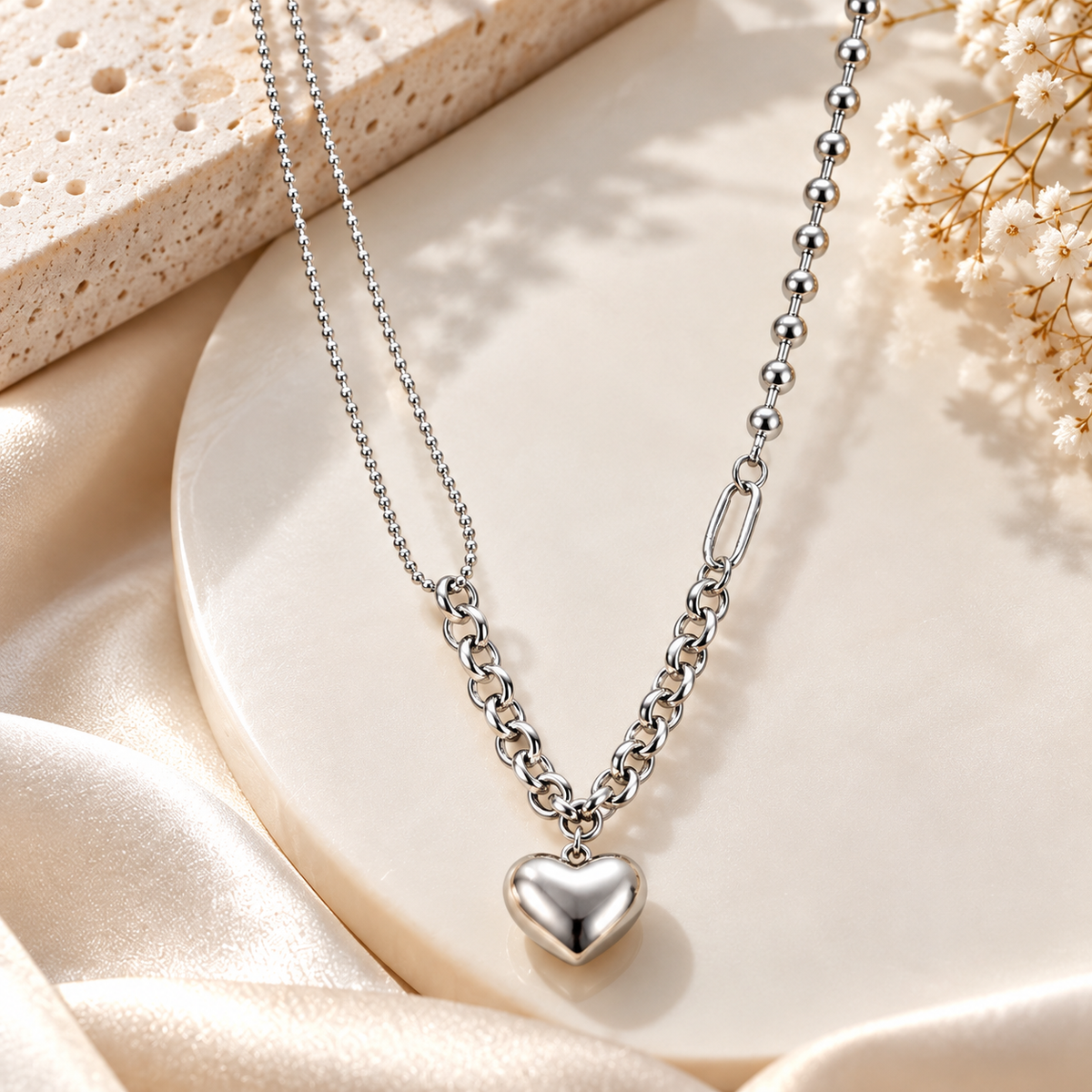 Silver-Tone Layered Heart Pendant Necklace for Women