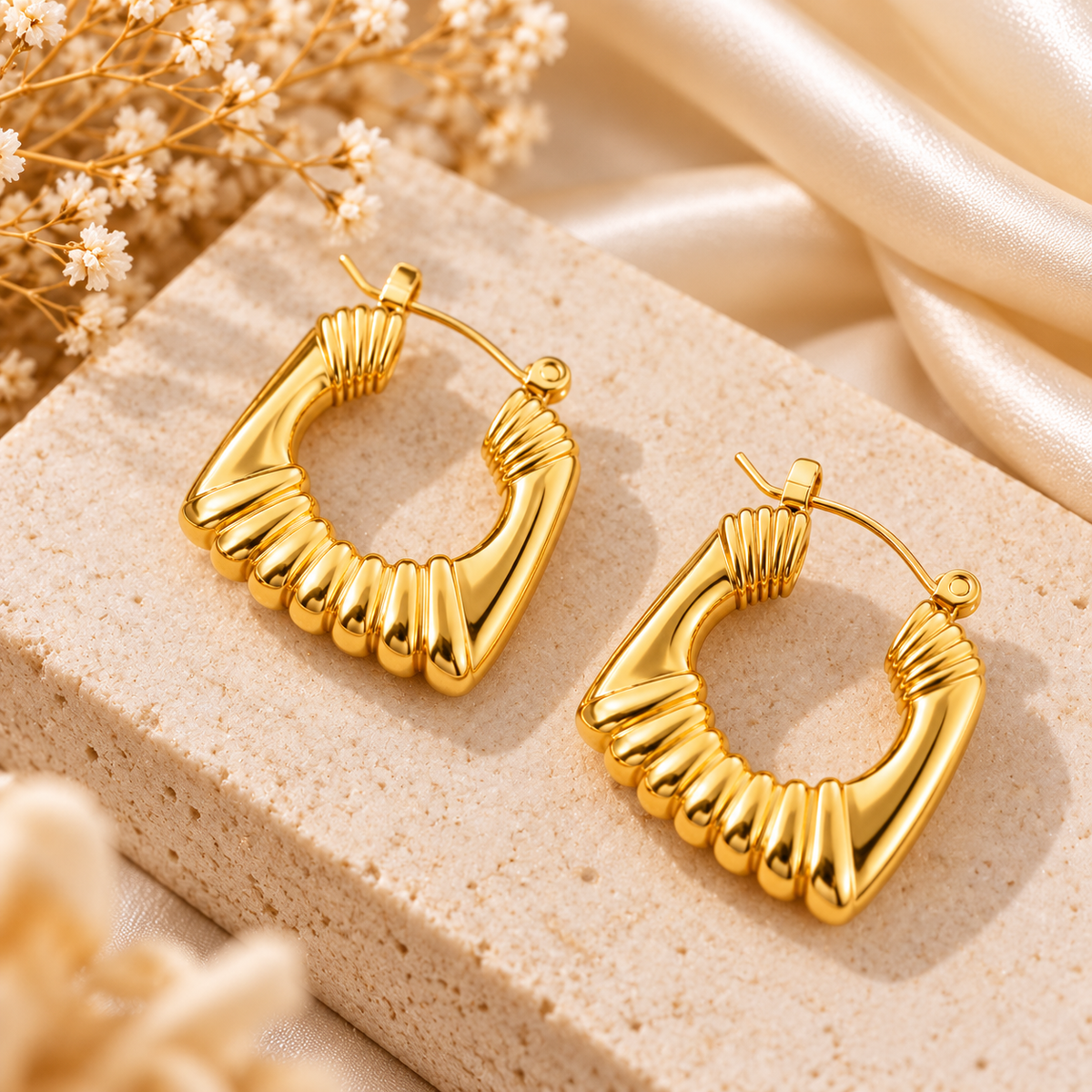 Gold-Tone Sculpted Ribbed Hoop Earrings for Women