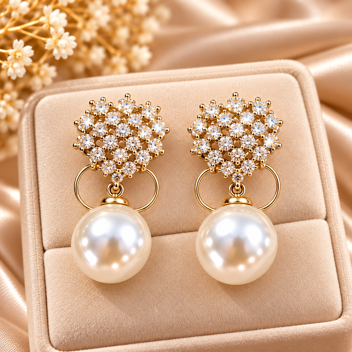 Crystal Cluster Pearl Drop Earrings for Women