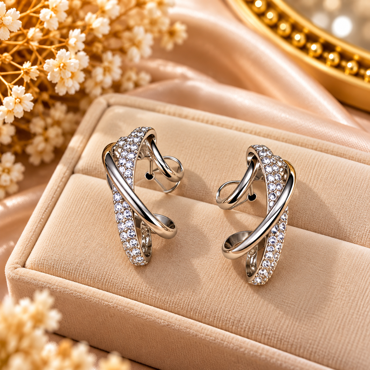 Gold & Silver-Tone Double Hoop Crystal Earrings for Women