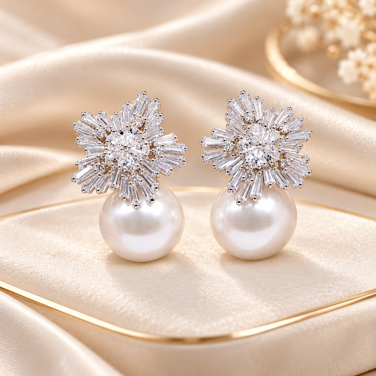Silver-Tone Crystal Floral Pearl Drop Earrings for Women