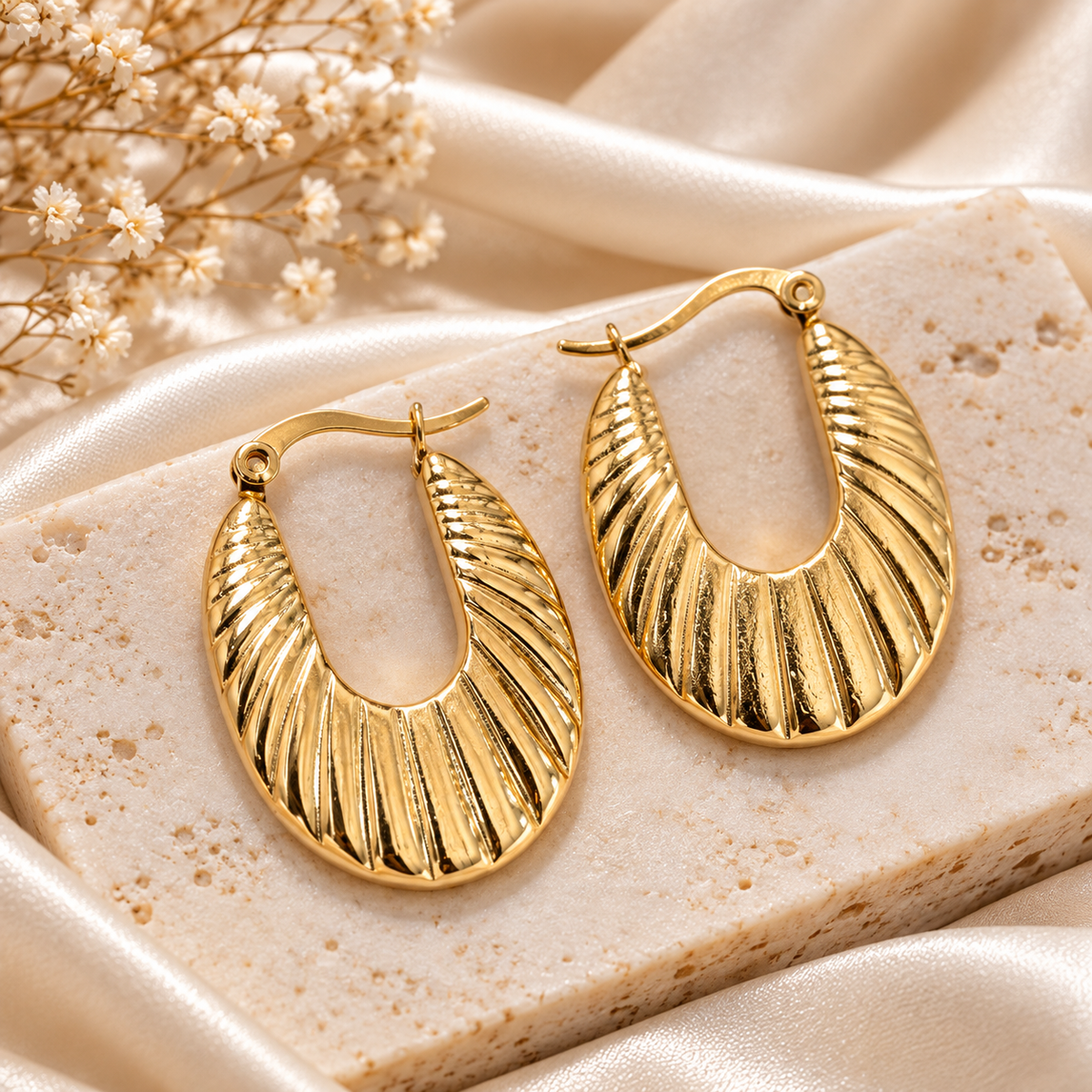 Gold-Tone Ribbed Oval Hoop Earrings for Women