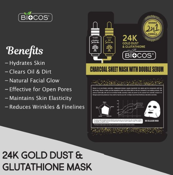 Biocos 24K Gold Dust & Glutathione Charcoal Sheet Mask with Double Serum
