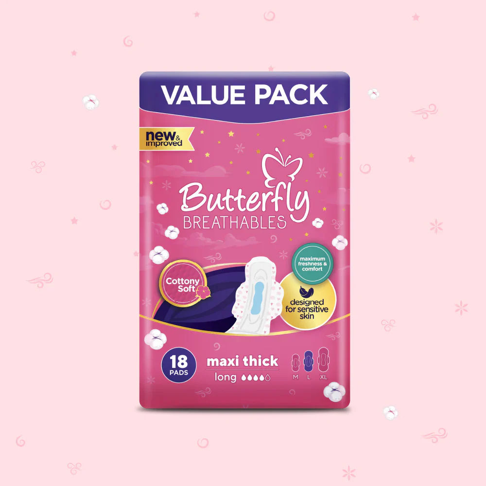 Butterfly Breathables Maxi Thick Cottony Sanitary Pads Long Value Pack 18 Pcs
