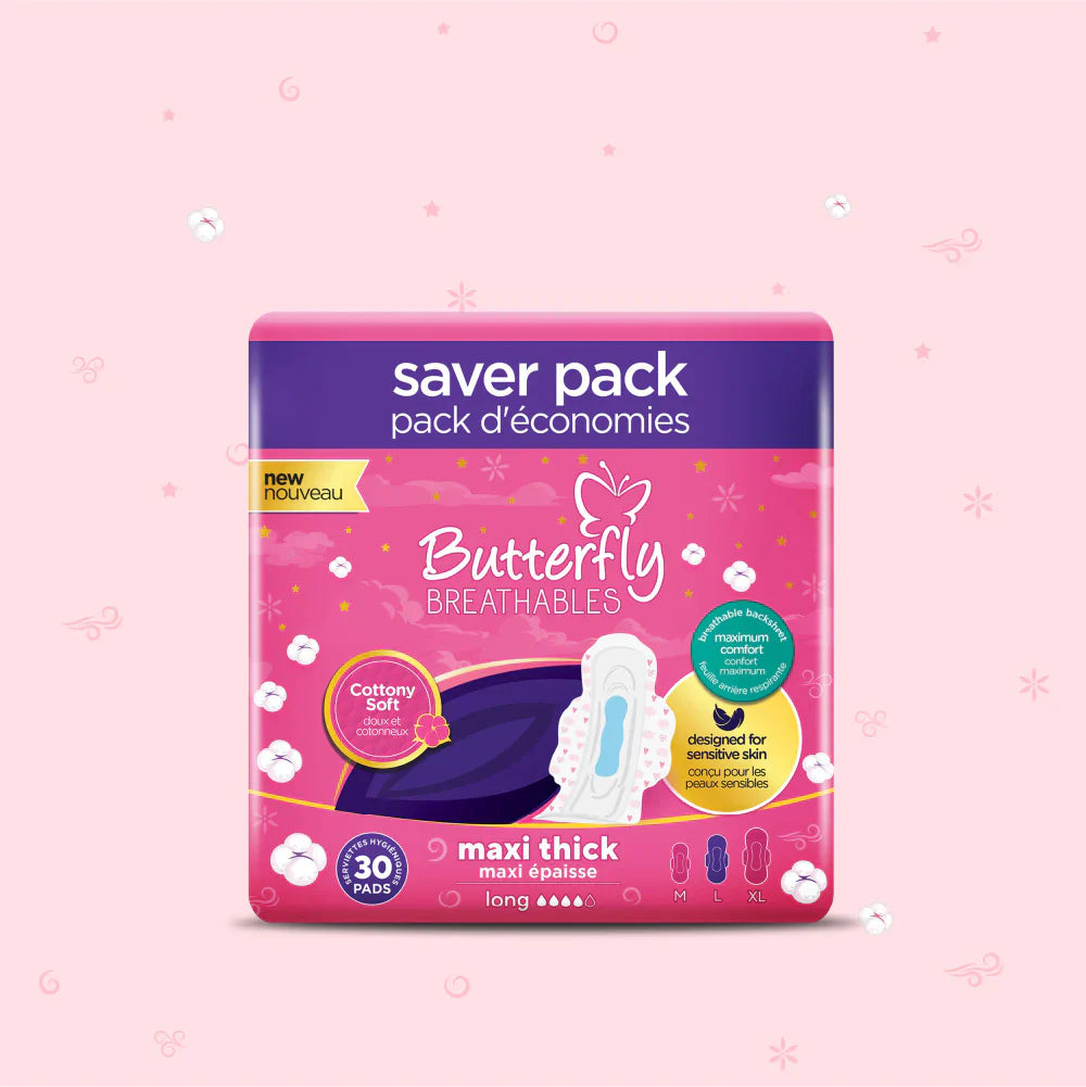 Butterfly Breathables Maxi Thick Cottony Sanitary Pads Long Trio Pack 30 Pcs
