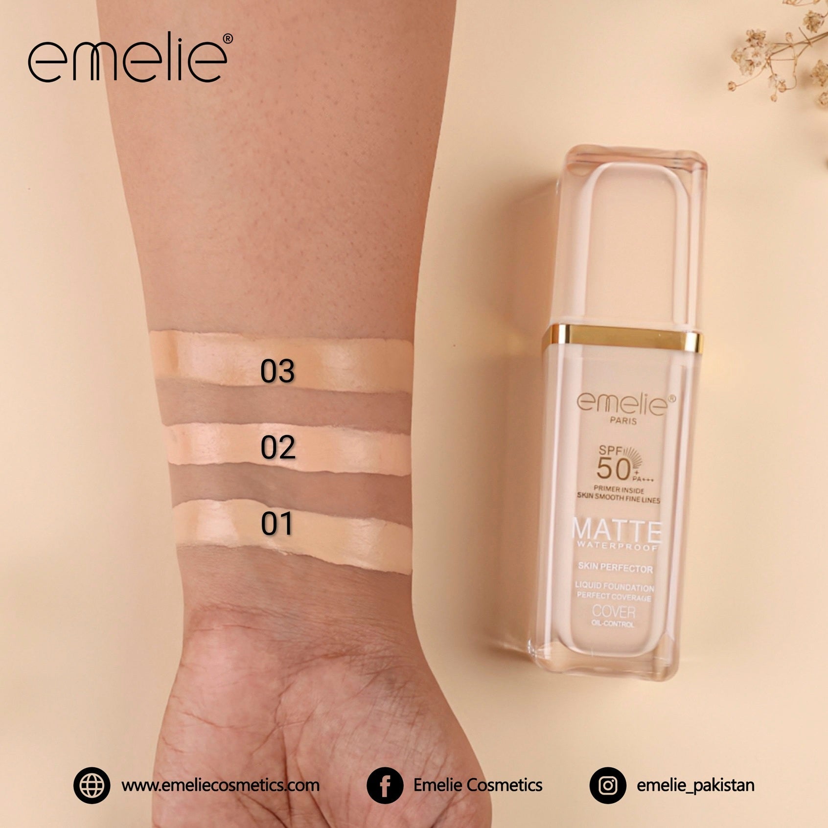 Emelie Skin Perfector Liquid Foundation SPF 50+ Matte Waterproof 30 ML