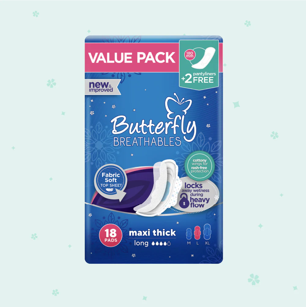 Butterfly Breathables Maxi Thick Fabric Soft Pads Long Value Pack 18 Pcs