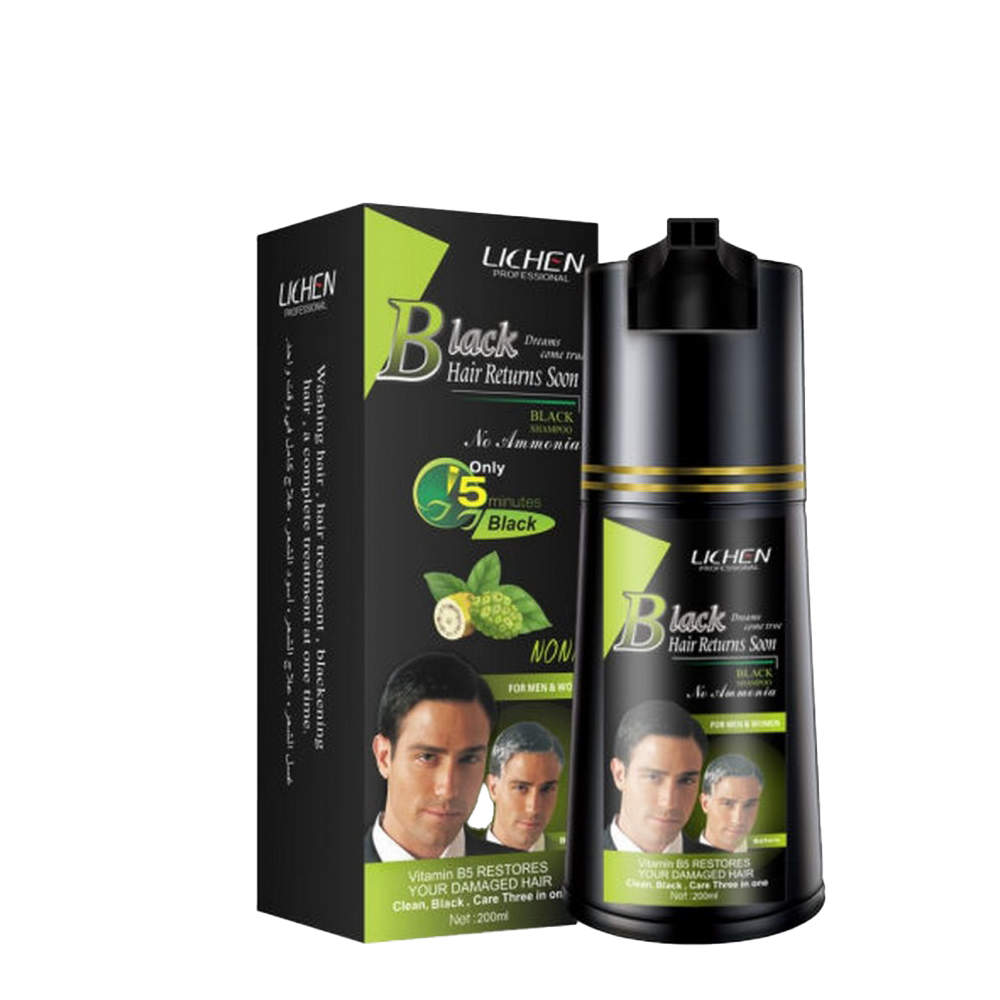 Lichen Black Hair Color dye Shampoo Only 5min Black Hair Returns Soon 200 ML
