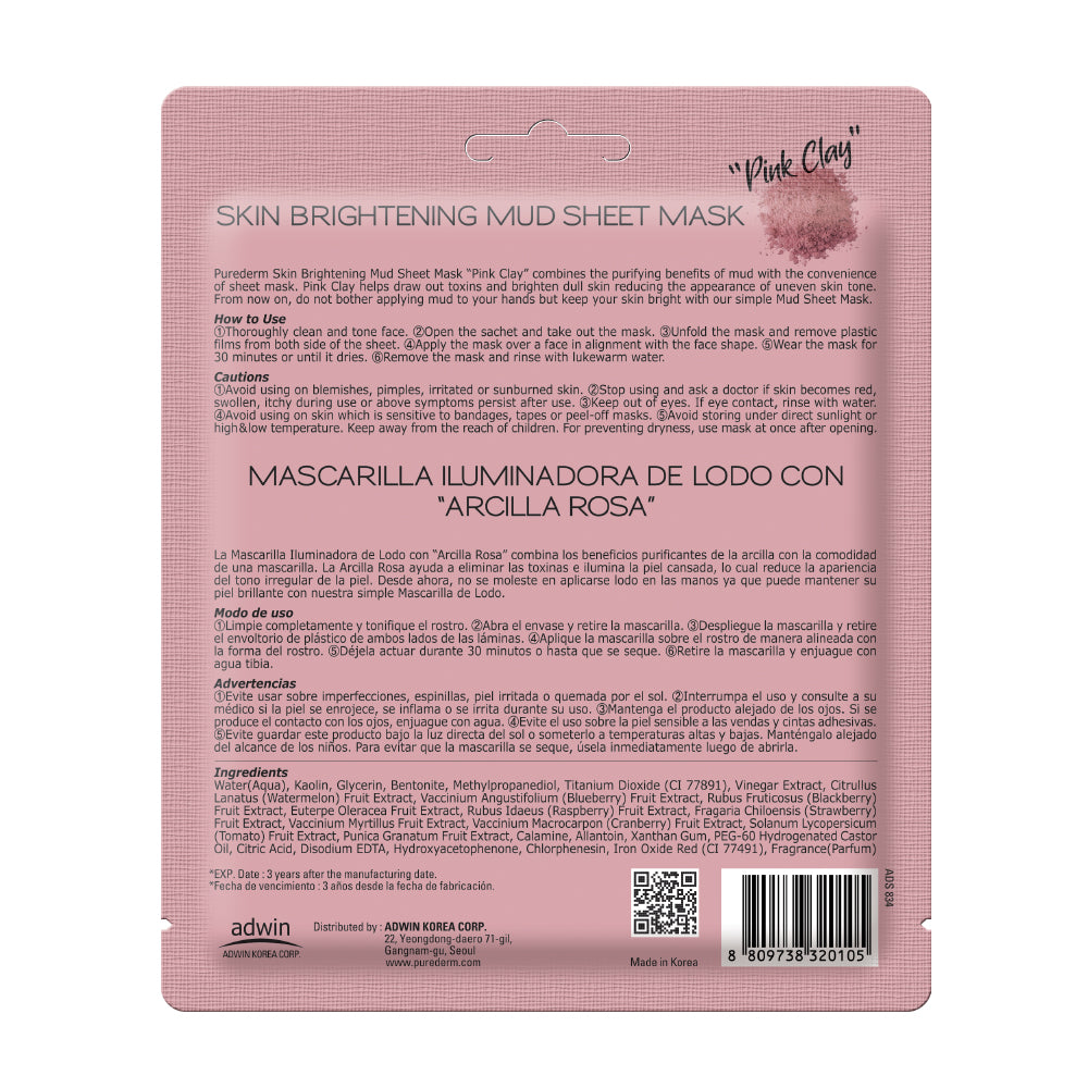 Purederm Skin Brightening Mud Sheet Mask Pink Clay