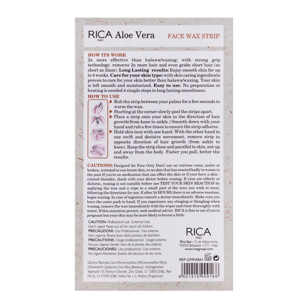 Rica Face Wax Strip for All Skin Types Aloe Vera 20 Strips