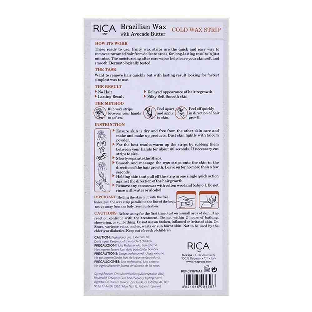 Rica Legs & Body Cold Wax Strip Brazilian Avocado Butter 20 Strips