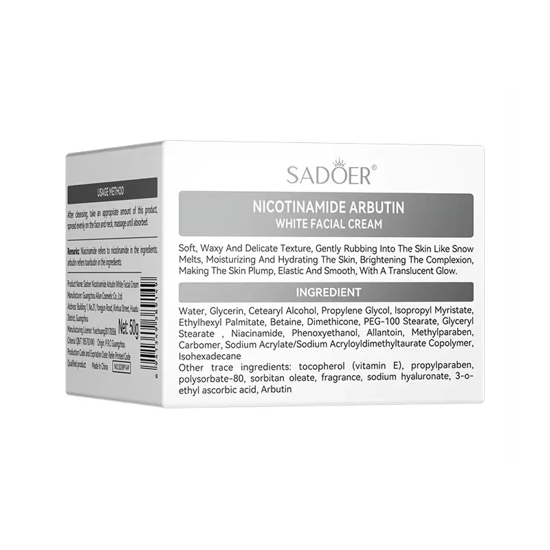 Sadoer Arbutin White Face Cream Lighten Dark Spots Repair Damaged Skin 50 GM