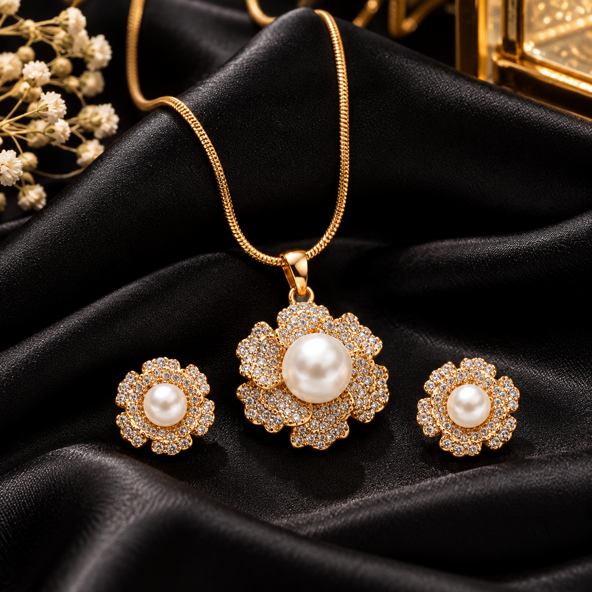 Gold-Tone Pearl & Crystal Floral Jewelry Set for Women