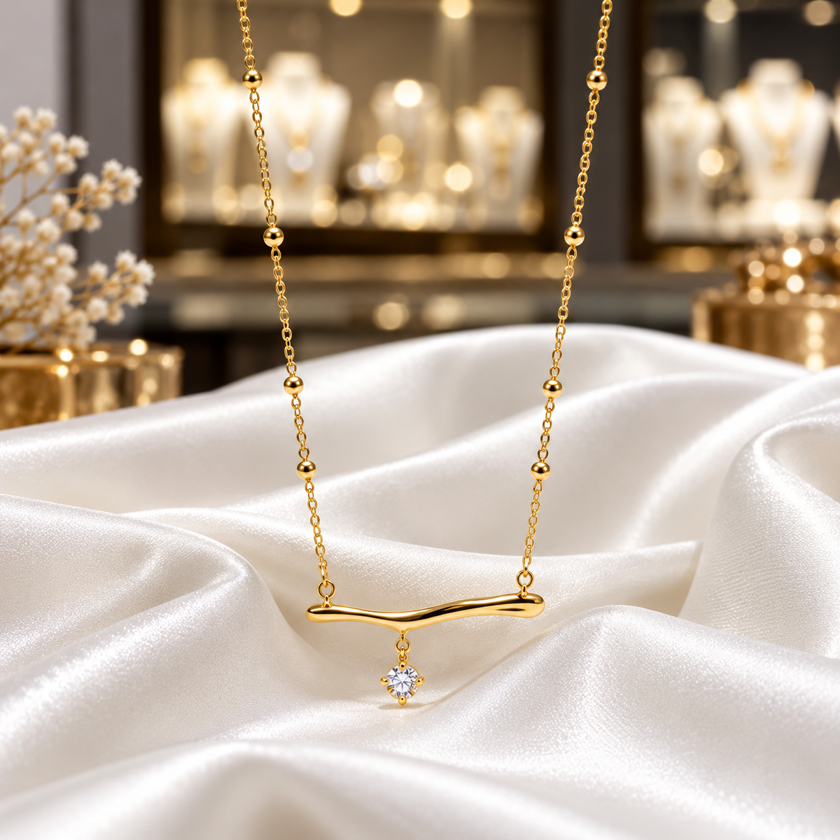 Gold-Tone Bar Pendant Necklace with Crystal Drop & Beaded Chain for Women