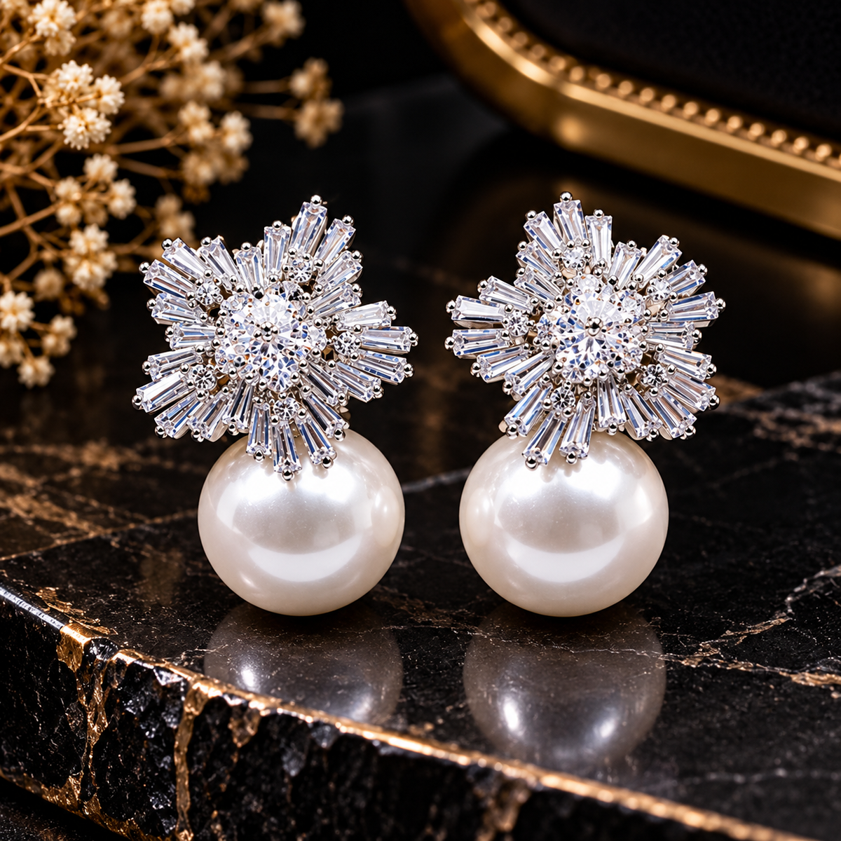 Silver-Tone Crystal Floral Pearl Drop Earrings for Women