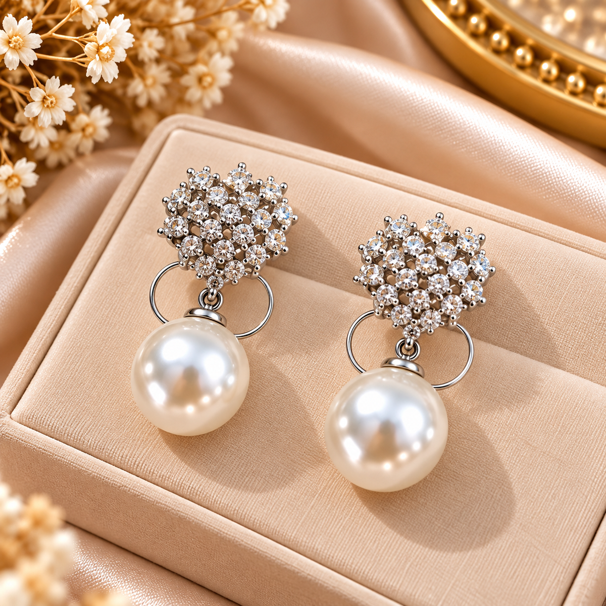 Crystal Cluster Pearl Drop Earrings for Women