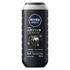 Nivea 3 in 1  Shower Gel Body Wash Active Clean Charcoal Woody Scent 250 ML