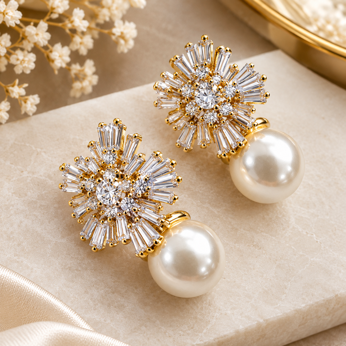 Gold-Tone Floral Crystal Pearl Drop Earrings for Women