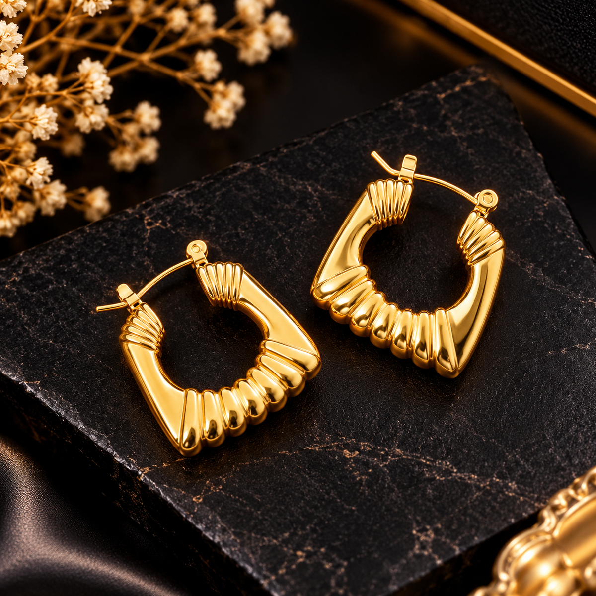 Gold-Tone Sculpted Ribbed Hoop Earrings for Women