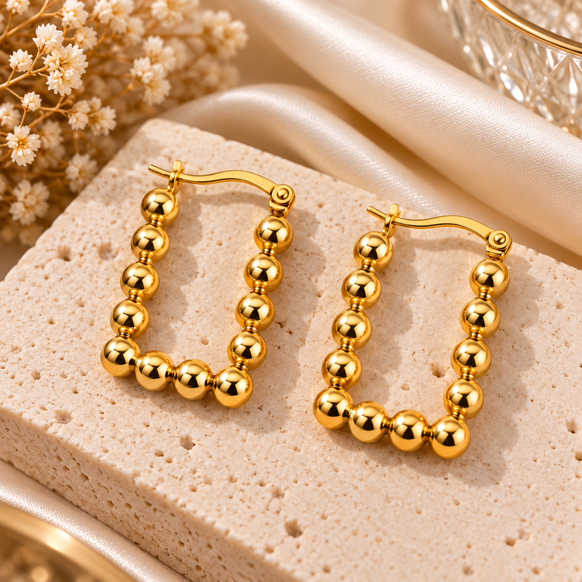 Gold-Tone Stainless Steel Beaded Square Hoop Earrings for Women